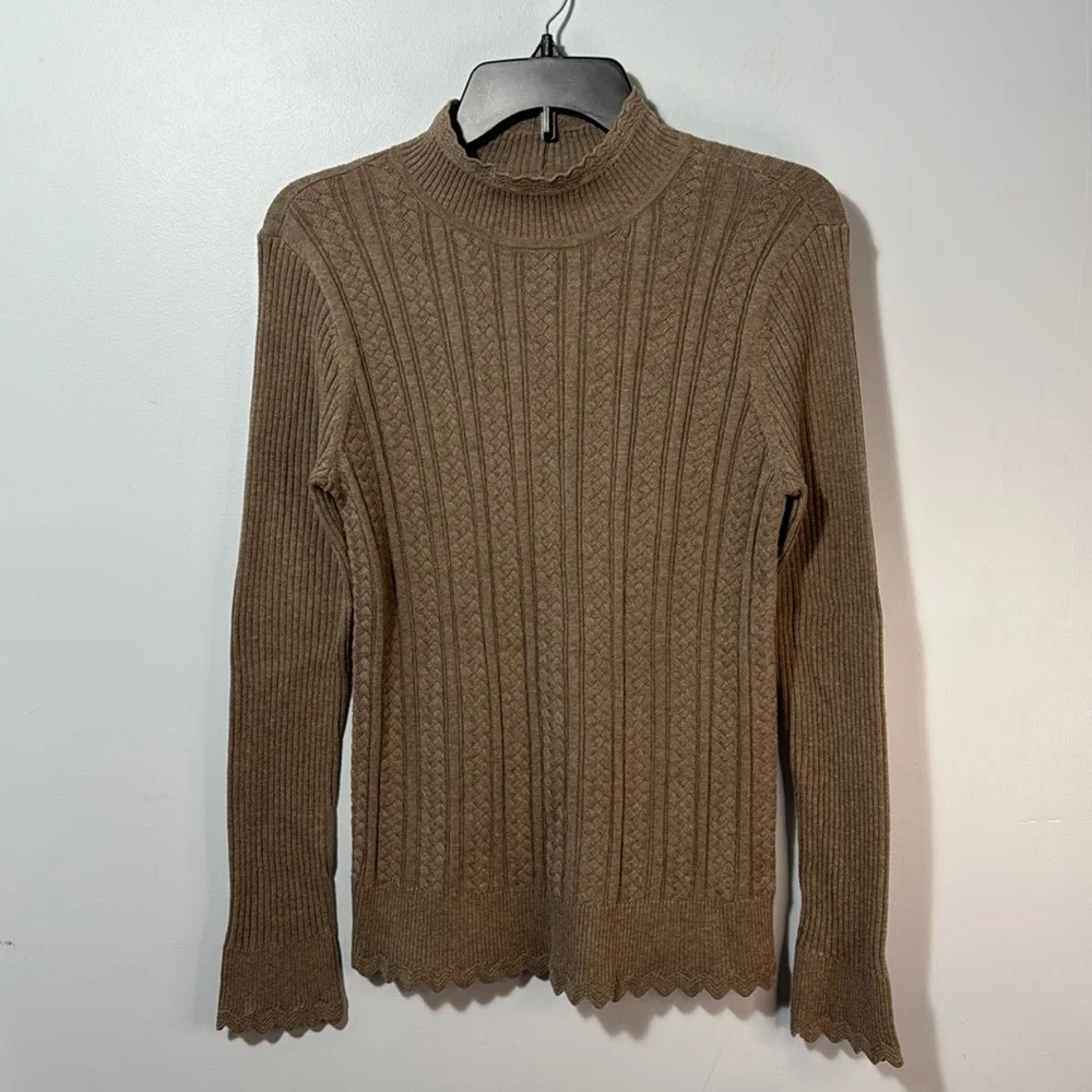 Jeanne Pierre Sweater‎ Taupe Mock Neck Scalloped in Size Petite M  NWT